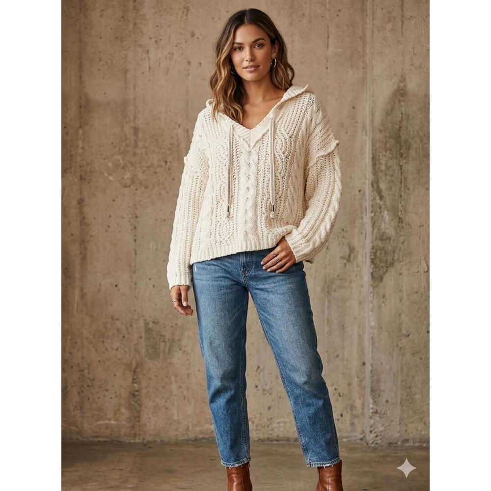 POL Women's Cream Cable Knit Hoodie Sweater Size Small